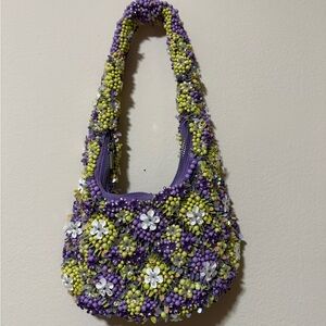 Zara Purple and Green Beaded Shoulder Bag